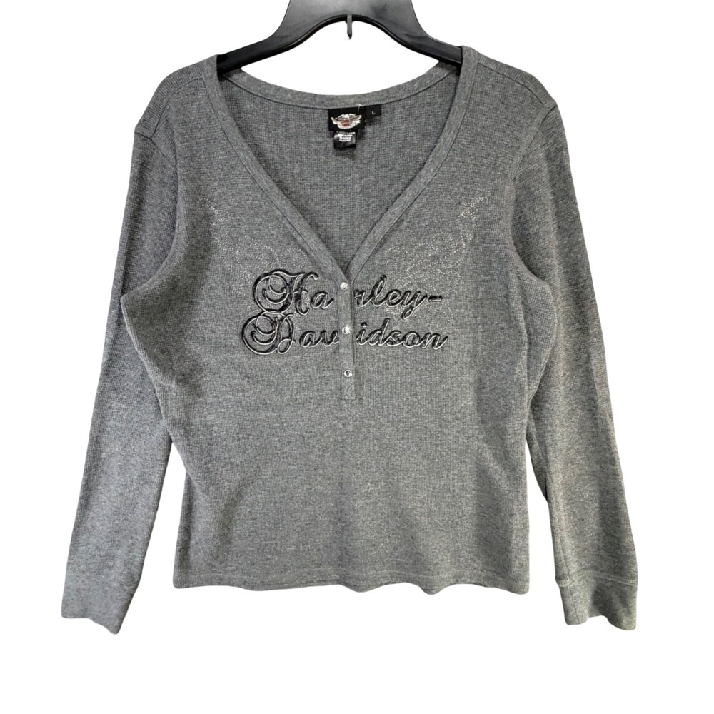 Harley Davidson Waffle Knit Henley Top Womens L Gray Long Sleeve Moto Biker Chic